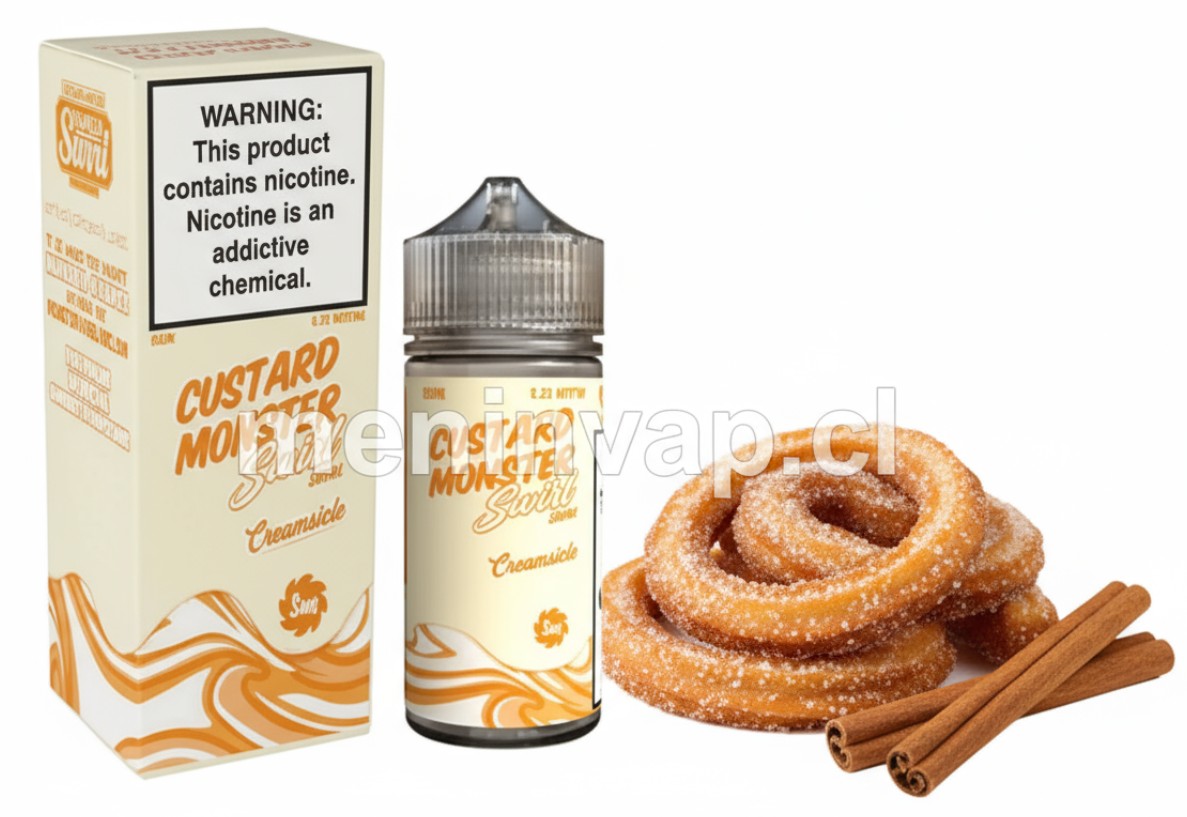 Imagen de Custard Monster Swirl Creamsicle 100ml con referencias a crema custard y naranja fresca.