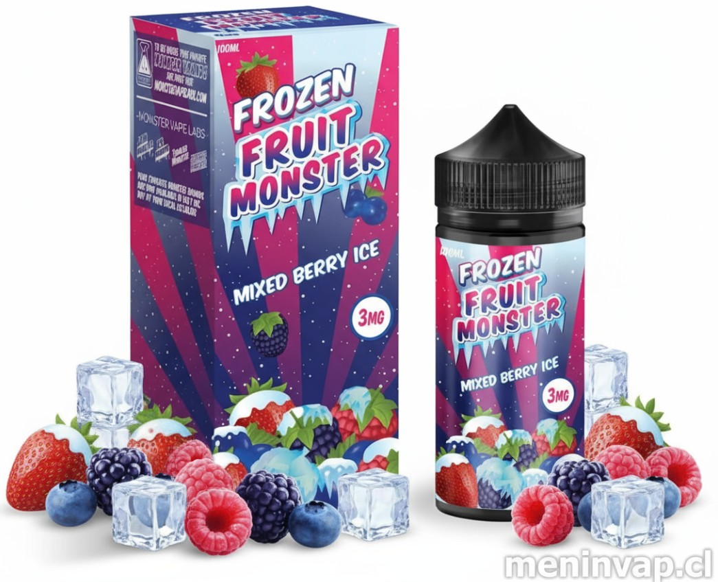 Imagen de Frozen Fruit Monster Mixed Berry Ice 100ml con frutos rojos cubiertos de hielo para vapeo fresco.