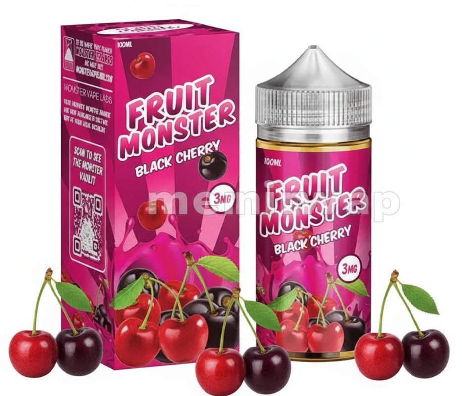 Botella Fruit Monster Black Cherry 100ml e-liquid con sabor a cereza roja y negra y 3mg de nicotina