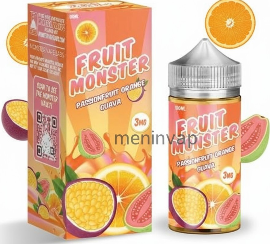Botella Fruit Monster Passionfruit Orange Guava 100ml e-liquid con sabor a maracuyá, naranja y guayaba y 3mg de nicotina