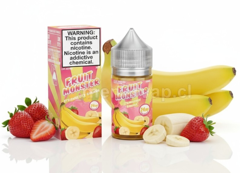 Imagen de Fruit Monster Strawberry Banana 30ml mostrando fresas y plátanos frescos con sales de nicotina.