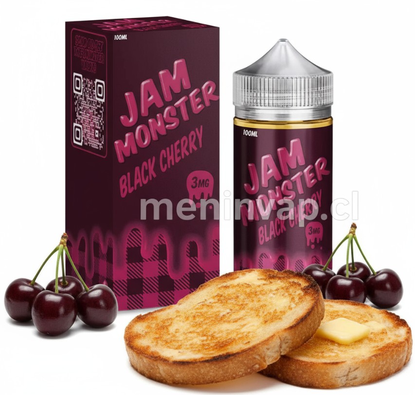 Imagen de Jam Monster Black Cherry 100ml con cerezas negras y mermelada.