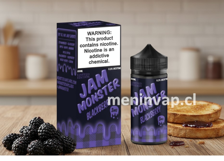 Imagen de Jam Monster Blackberry 100ml con moras frescas y detalles de mermelada.