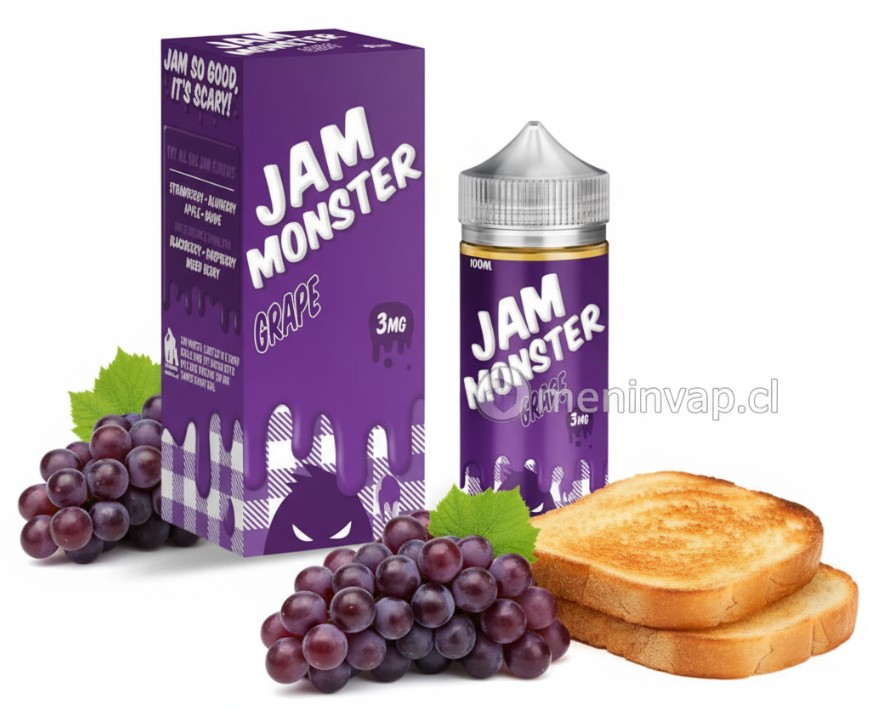 Imagen de Jam Monster Grape 100ml con uvas frescas y detalles de mermelada.