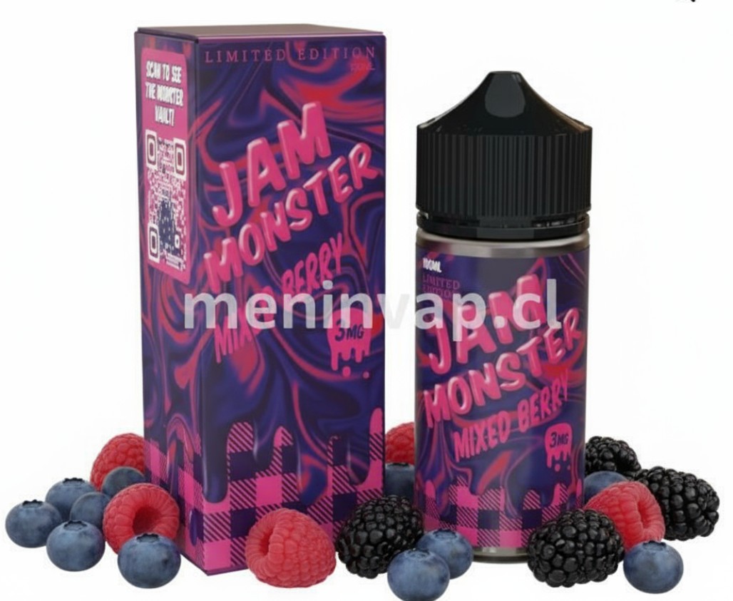 Imagen de Jam Monster Mixed Berry 100ml con referencias a frutos rojos frescos.