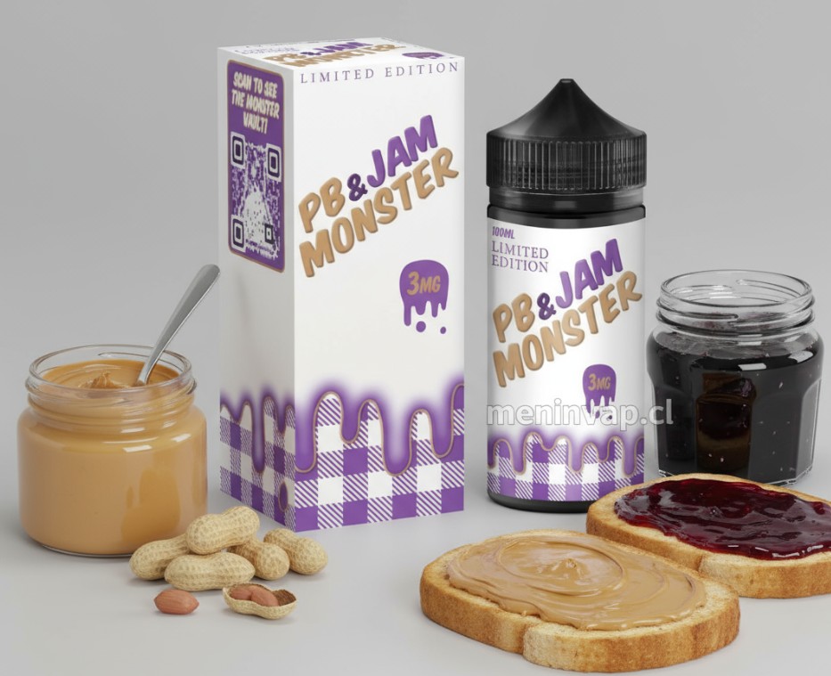 Imagen de Jam Monster PB Grape 100ml con maní, uvas frescas, mermelada y tostadas.