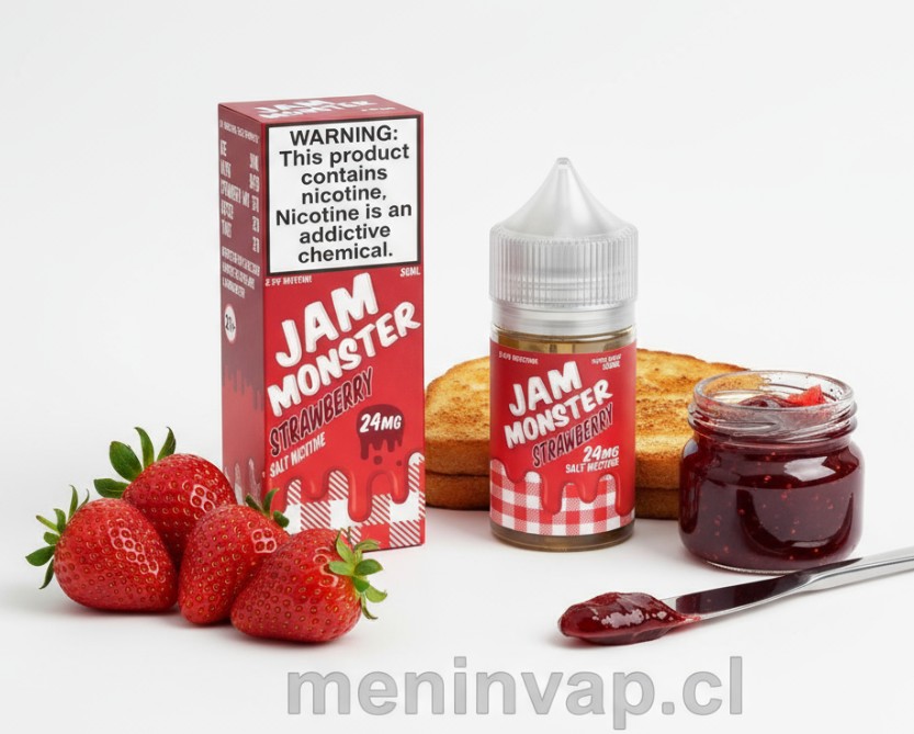 Imagen de Jam Monster Strawberry 30ml con fresas, tostada y mermelada.