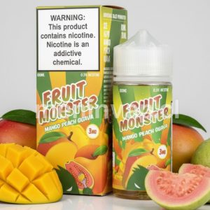 Imagen de Fruit Monster Mango Peach Guava 100ml, líquido para vapeo con sabor tropical de mango, durazno y guayaba.