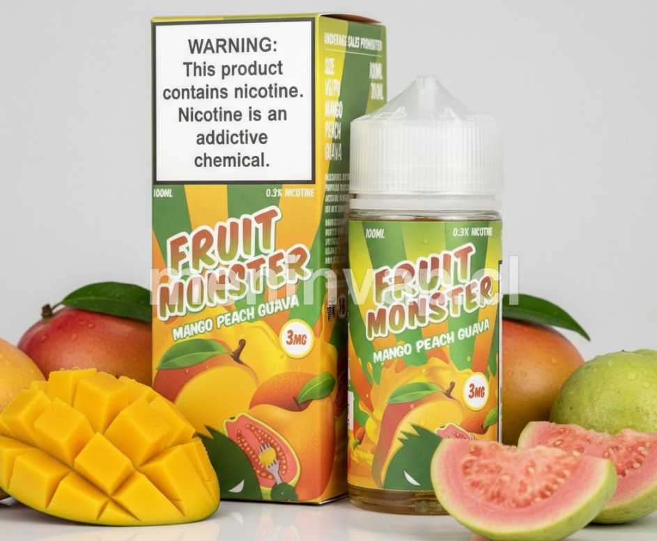 Imagen de Fruit Monster Mango Peach Guava 100ml, líquido para vapeo con sabor tropical de mango, durazno y guayaba.