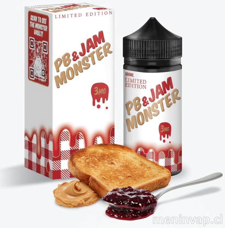 Imagen de PB & Jam Monster Strawberry 100ml con referencias a mantequilla de maní y fresas frescas.