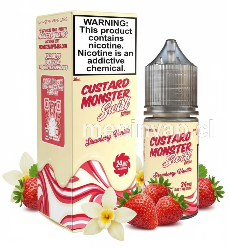 Imagen de Salt Custard Monster Strawberry 30ml con crema pastelera y fresas frescas.