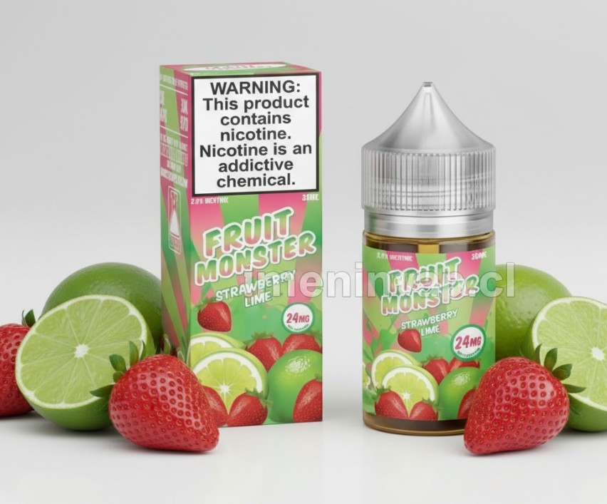 Imagen de Salt Fruit Monster Strawberry Lime 30ml con fresas, limas y sales de nicotina.