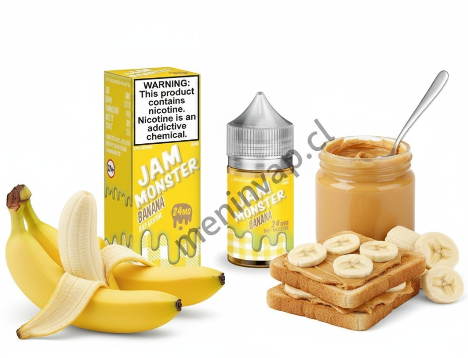 Imagen de Salt Jam Monster Banana 30ml mostrando sabor a plátano cremoso y sales de nicotina.