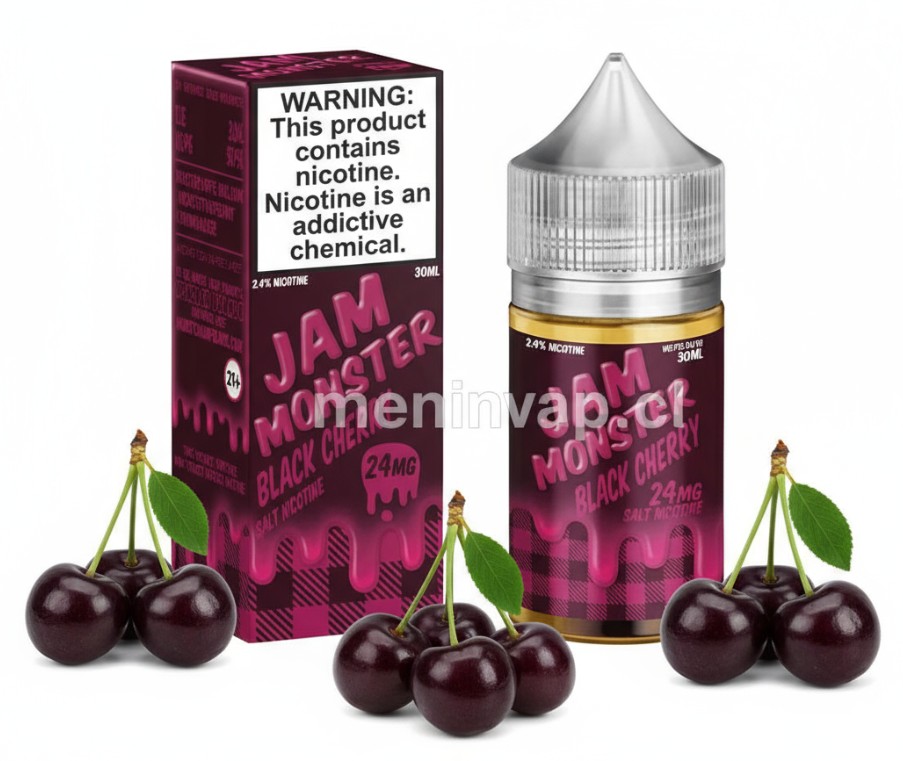 Imagen de Salt Jam Monster Black Cherry 30ml con cerezas negras frescas y sales de nicotina.