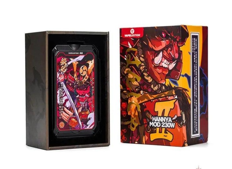 Texto alternativo: Vapelustion Hannya II Mod 230W con paneles artísticos intercambiables y pantalla OLED – Men in Vap Chile