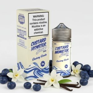 Imagen de Custard Monster Swirl Blueberry Vanilla 100ml con referencias de crema de vainilla y arándanos frescos.