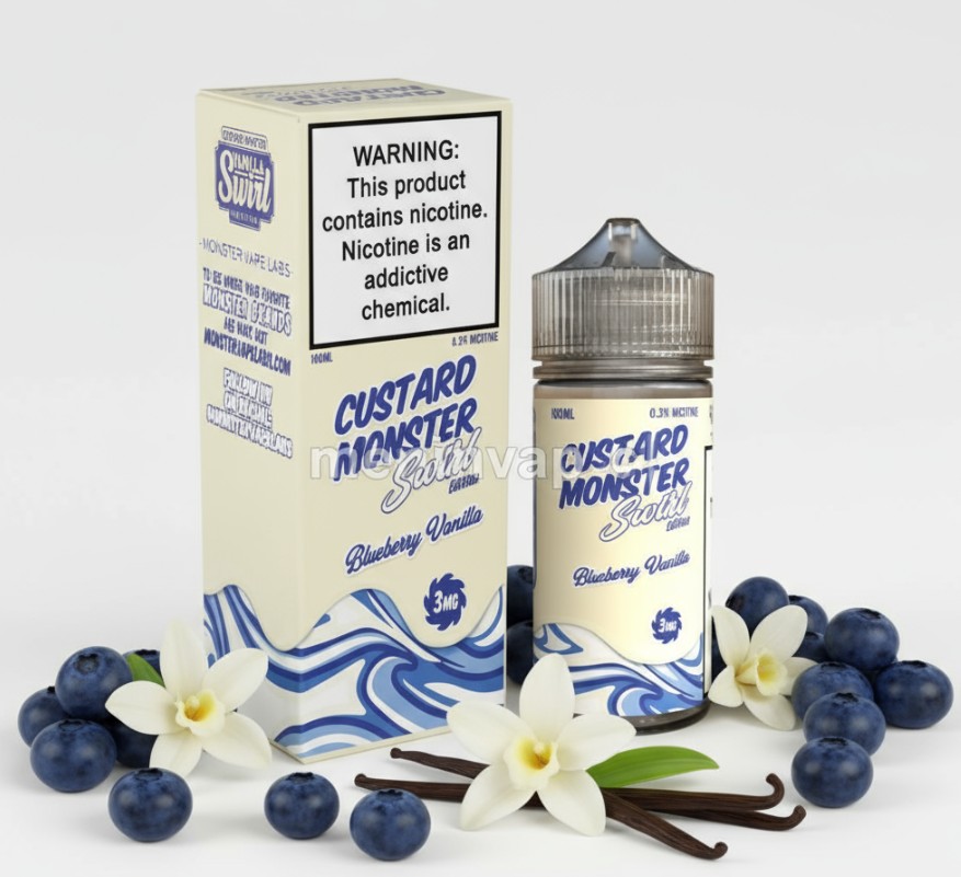 Imagen de Custard Monster Swirl Blueberry Vanilla 100ml con referencias de crema de vainilla y arándanos frescos.